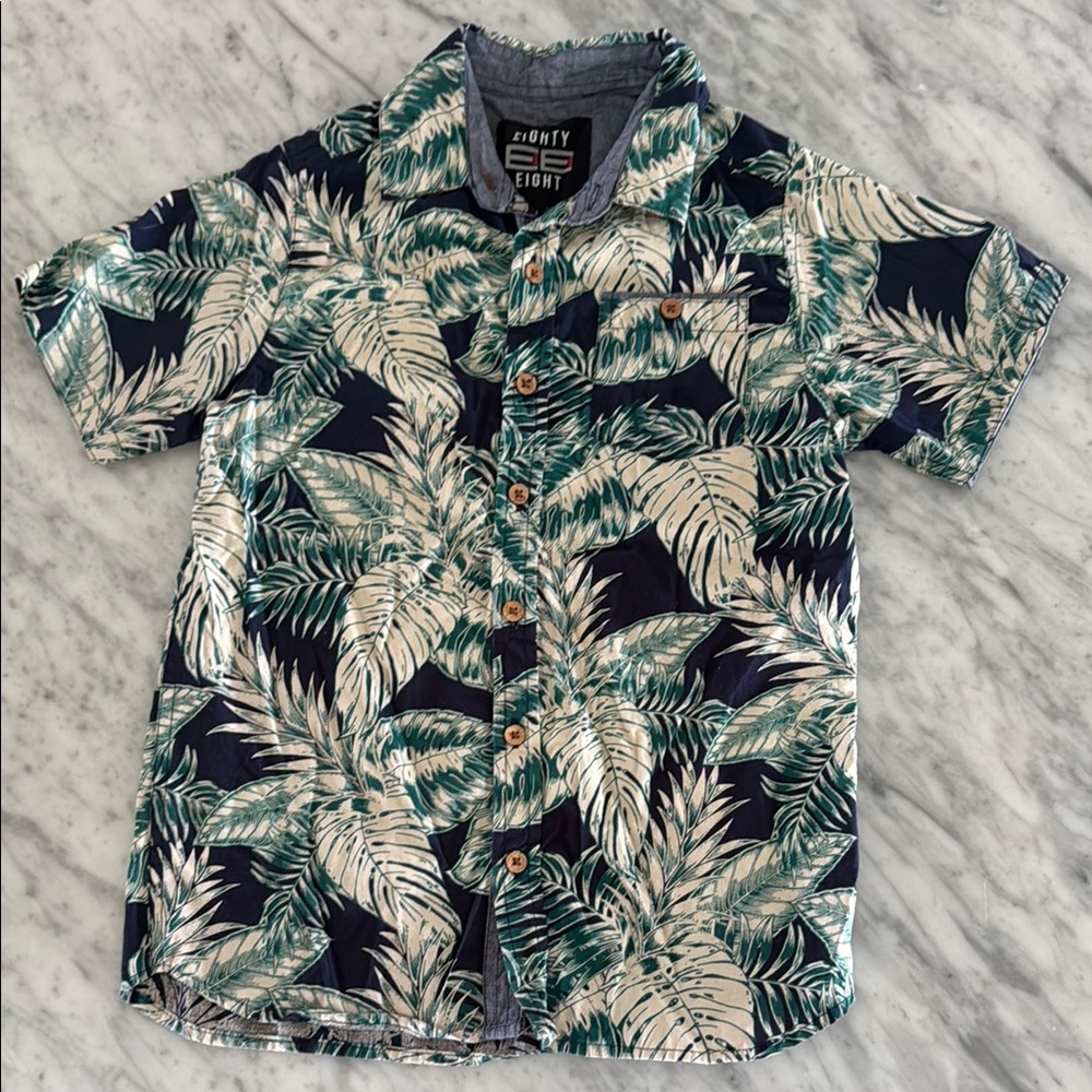 Hawaiian Aloha Button down Leaf Print Short Sleeve Shirt Medium Boys